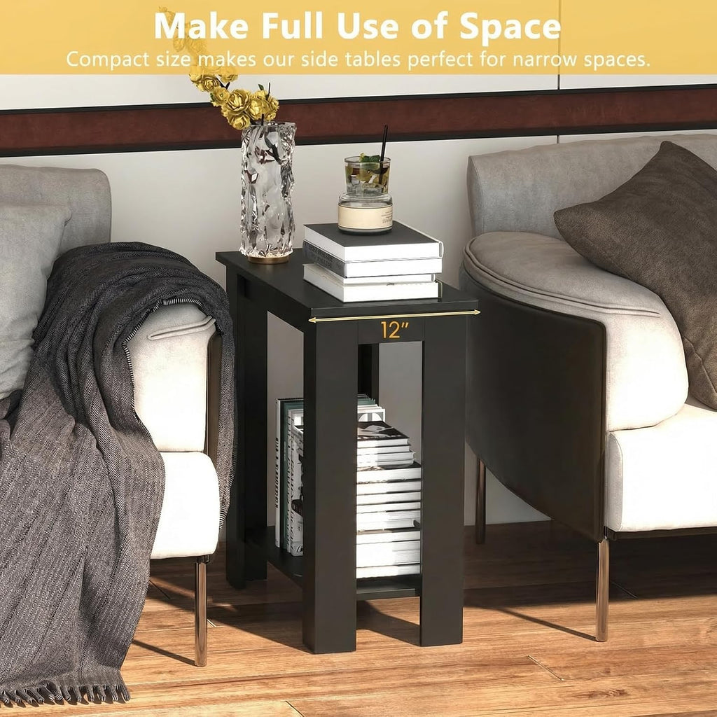 GOFLAME 24” Side Table, 2-Tier Rectangular End Table with Storage Shelf, Multipurpose Night Stand for Bedroom, Living Room, Black