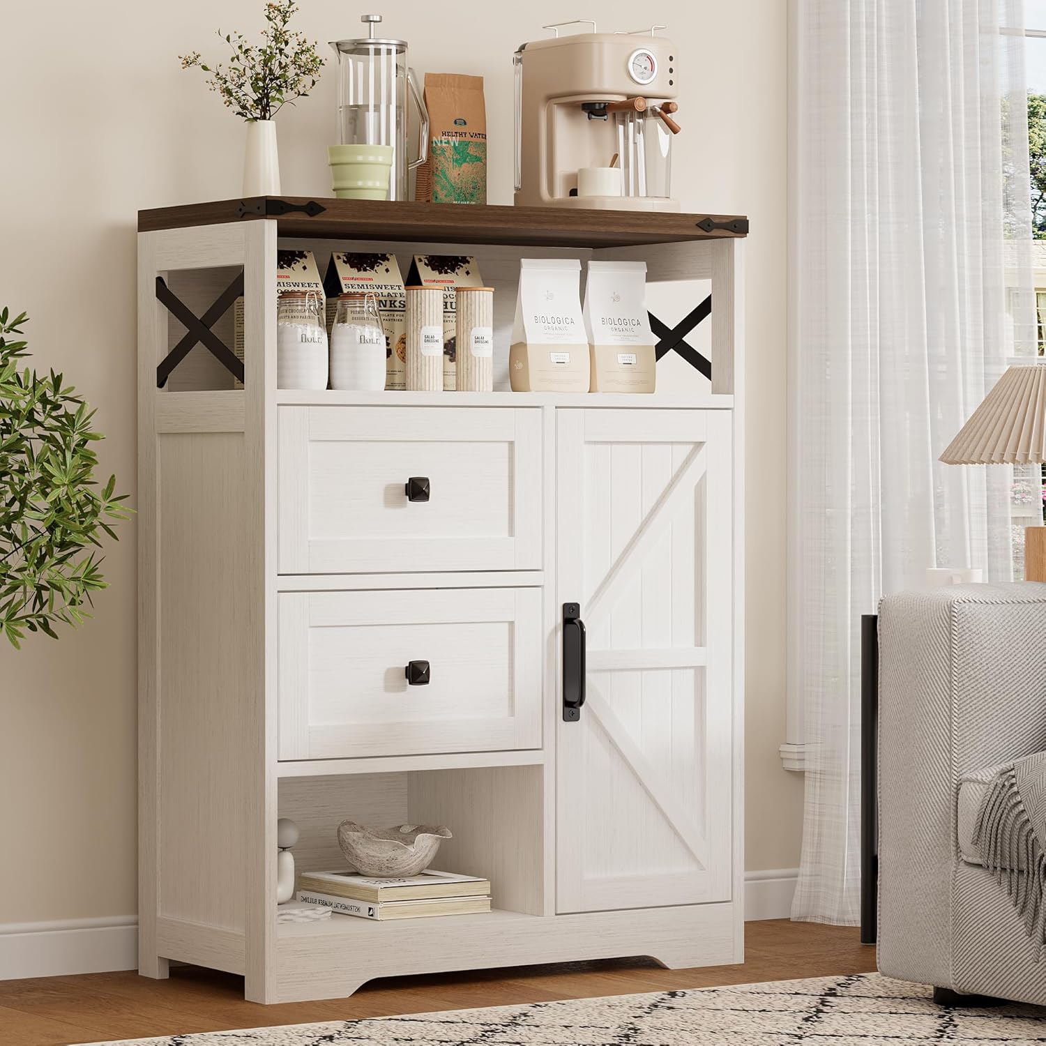 Vabches Farmhouse Buffet Sideboard Cabinet with 2 Drawers and Open Shelf, 27.5" Storage Cabinet with Adjustable Shelves and Door, Coffee Bar Hutch Pantry for Kitchen, Living Room, Entryway, White
