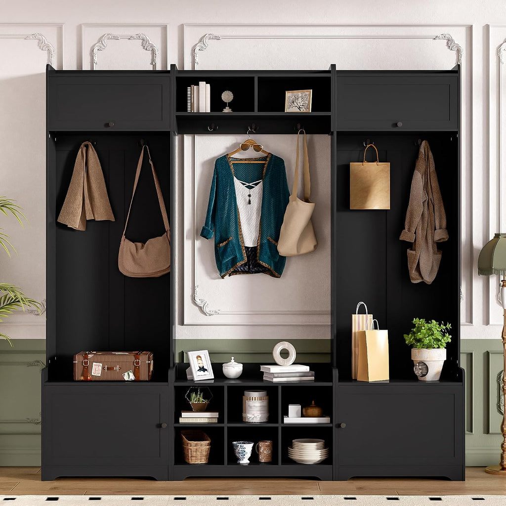 JIJIWANG 9.1''Wide Modern Hall Tree with Shoe Storage, 4-in-1 Multi-Functional Entryway Bench with 8 Cubbies, 7 Coat Hooks & Adjustable Shelf for Hallway, Living Room, Black
