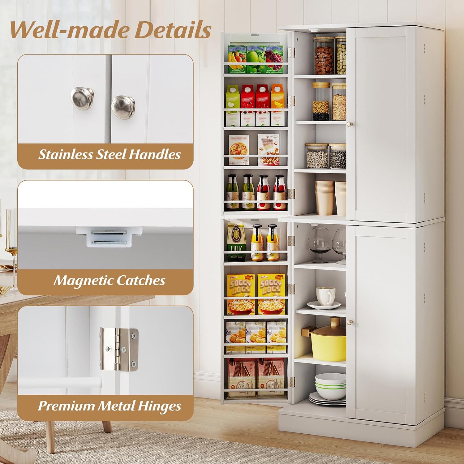 65.5" Kitchen Pantry Cabinet, Freestanding Storage Cabinet with Doors and Adjustable Shelves, 16-Tier Door Shelves with Baffle, Wooden Buffet Cupboard for Dining Room Living Room (White)