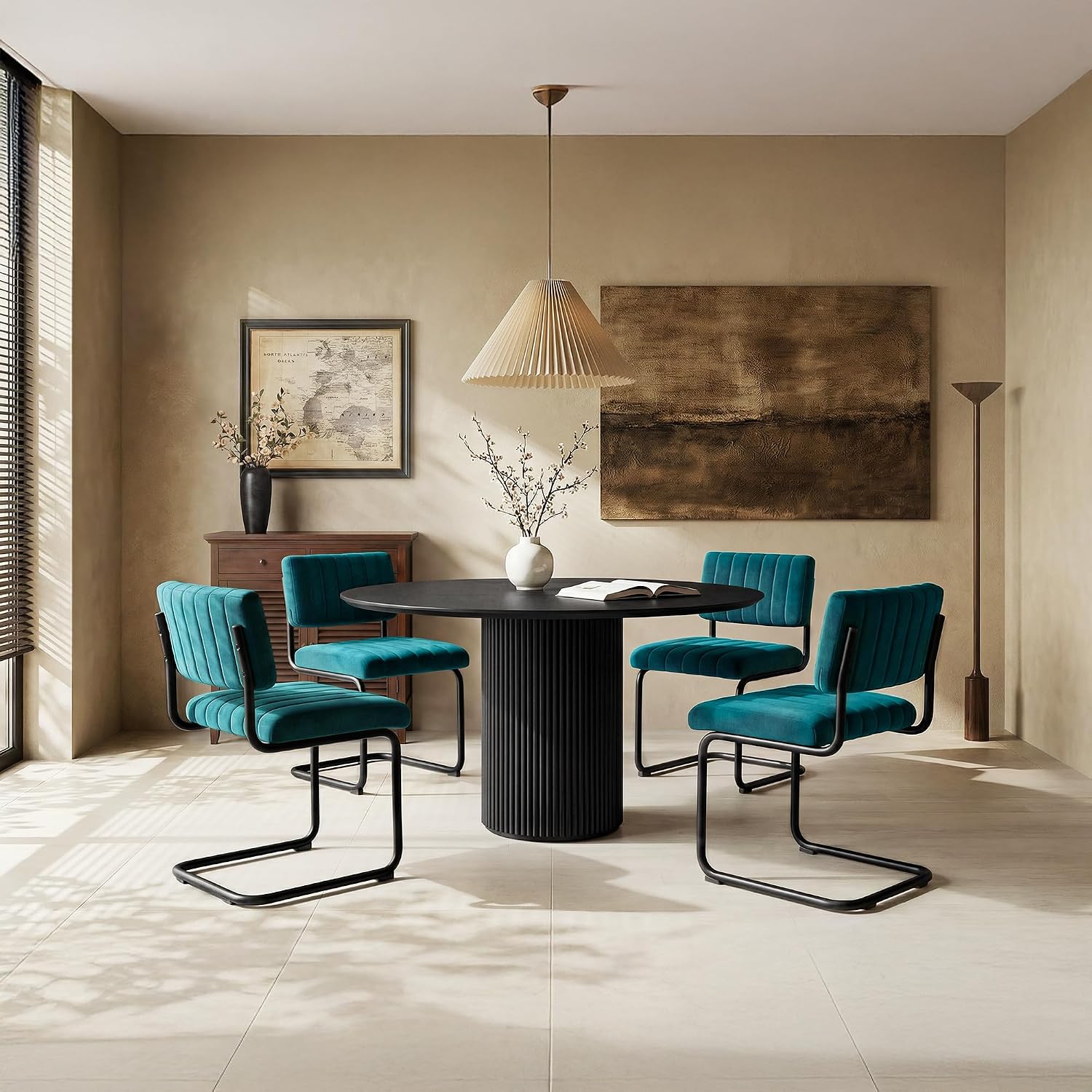 ONEVOG Modern Luxury Dining Room Chairs Set of 2, Teal Velvet Upholstered Kitchen Chairs, Heavy Duty Contemporary Armless Dining Chair with Comfy Seat & Black Metal Legs, Cantilevered Design