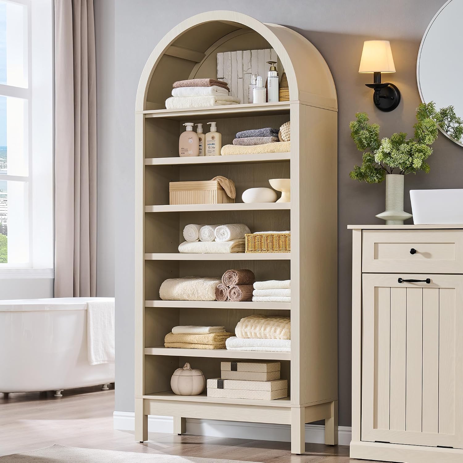 IFBUY 71" Tall Arched Bathroom Storage Cabinet, 7-Tier Modern Farmhouse Storage Cabinet with Adjustable Shelves, Wood Freestanding Cabinet for Bathroom, Living Room, Entryway, Hallway (Cream)