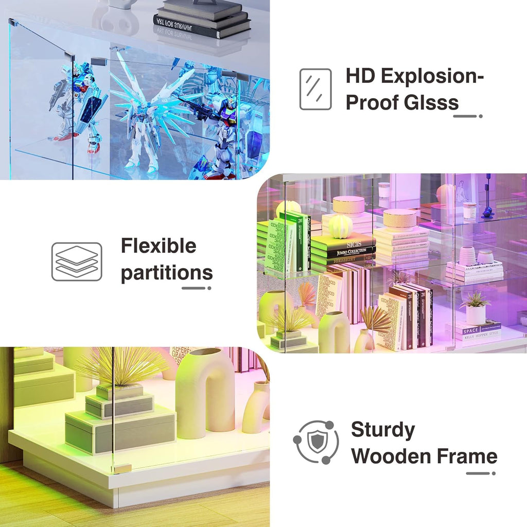 Lvifur RGB Glass Display Cabinet - with Lock, High Gloss Curio Cabinet Sideboard with Human Body Sensor & Glass Shelves for Toys, Books, Collectibles, Bookcase for Living Room, Kitchen, Study, White