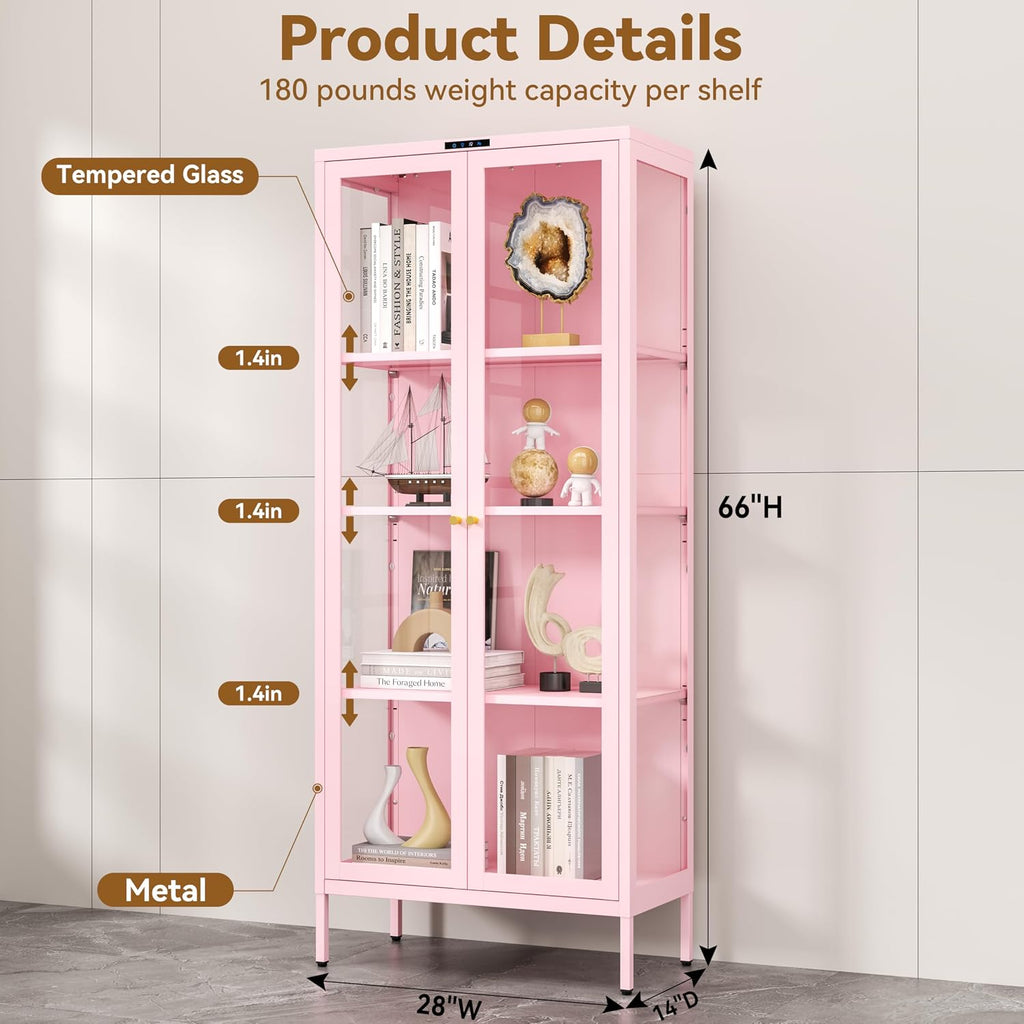 Polup Glass Display Cabinet with Glass Doors, Metal Curio Cabinet with 8-Color LED Lights, 66 Inch Tall Display Case for Collectibles, Pink China Cabinet for Living Room, Assembly Required