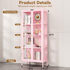 Polup Glass Display Cabinet with Glass Doors, Metal Curio Cabinet with 8-Color LED Lights, 66 Inch Tall Display Case for Collectibles, Pink China Cabinet for Living Room, Assembly Required