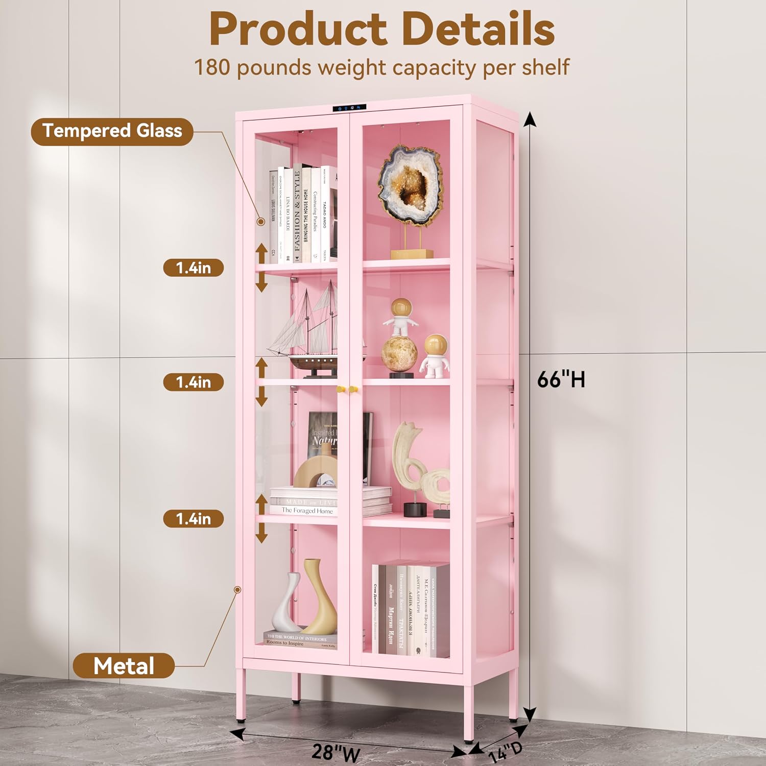 Polup Glass Display Cabinet with Glass Doors, Metal Curio Cabinet with 8-Color LED Lights, 66 Inch Tall Display Case for Collectibles, Pink China Cabinet for Living Room, Assembly Required