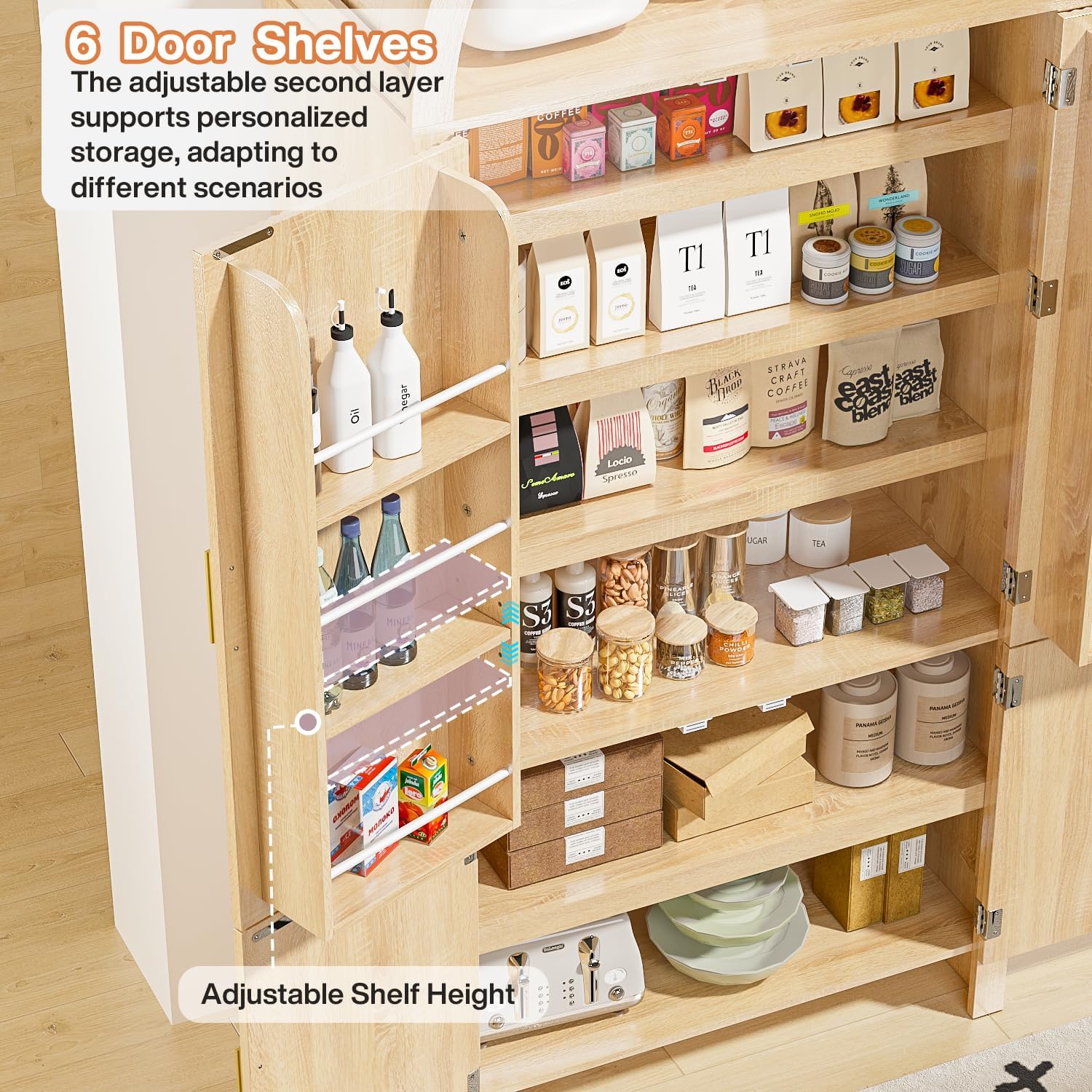 PRETZI 71" Tall Arched Pantry Cabinet, Arched Fluted Kitchen Storage Cabinet with Doors and Adjustable Shelves, Modern Natural Wood Cupboard Organizer for Kitchen, Dining Room, Living Room