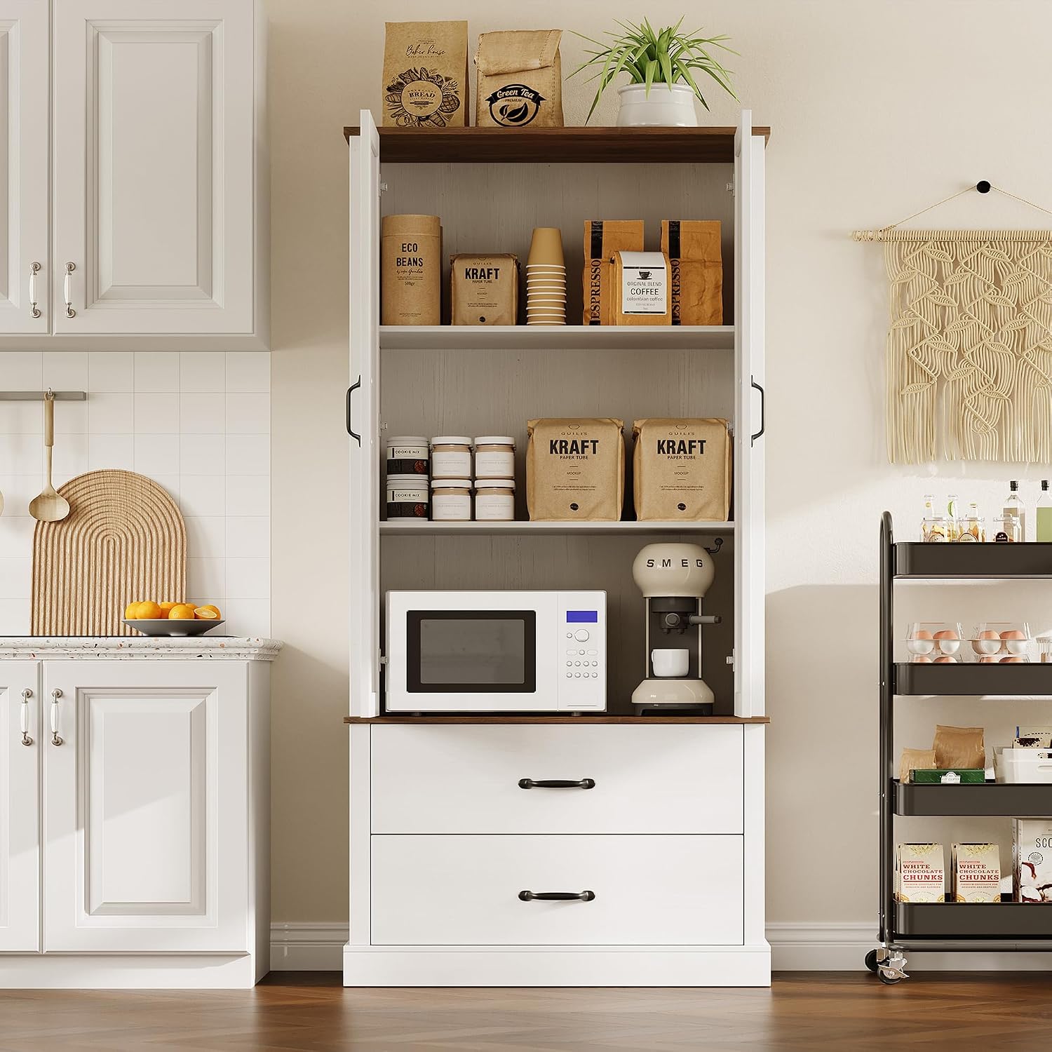 GarveeHome Kitchen Pantry Cabinet, Farmhouse Storage Cabinet with Barn Doors, Drawers and Adjustable Shelves, Versatile Storage for Kitchen, Dining Room, Rustic White