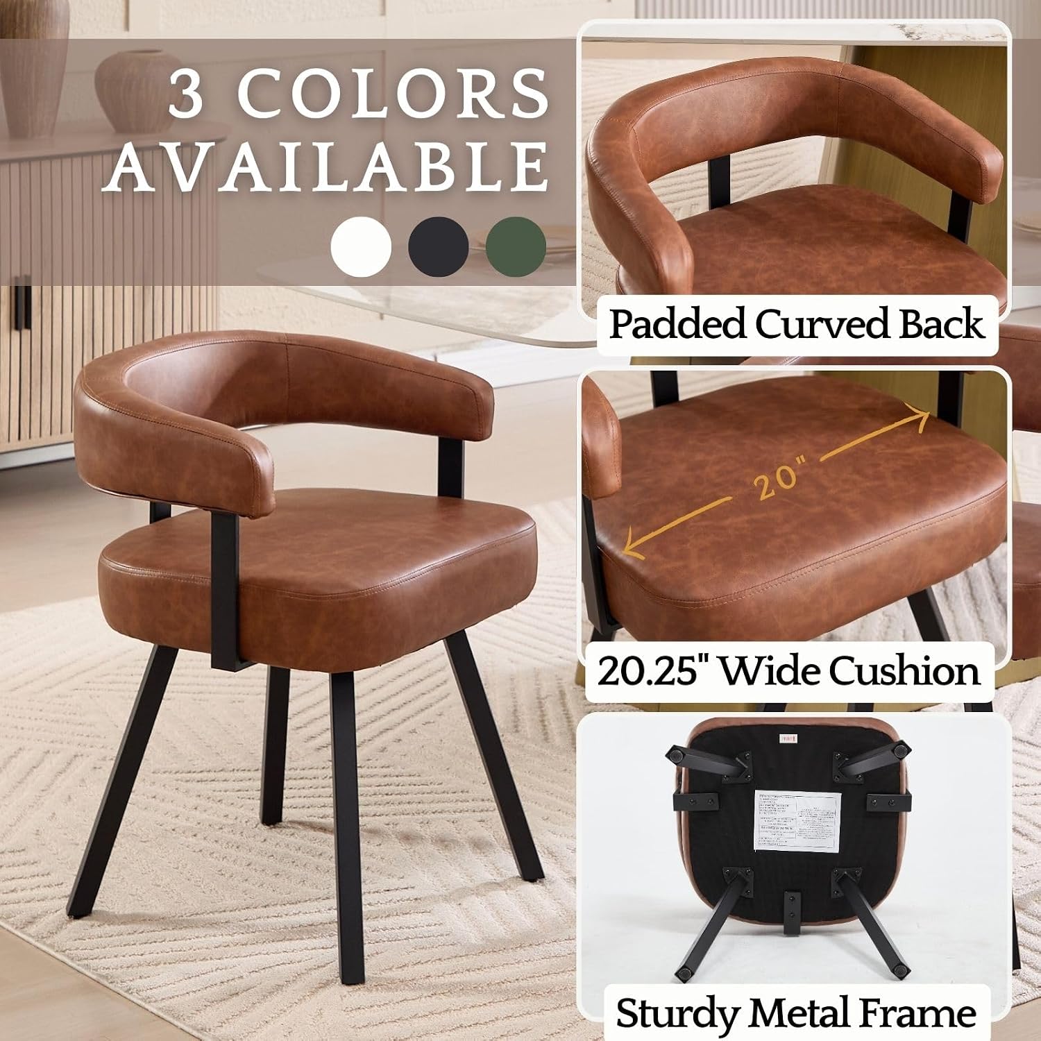 LukeAlon PU Leather Dining Chairs Set of 4, Simple Upholstered Side Chair with Padded Open Barrel Back Modern Guest Chair with Black Metal Legs for Kitchen Dining Room, Brown
