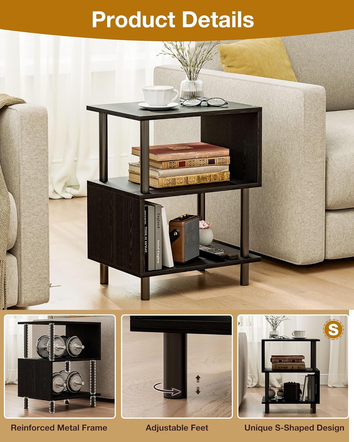 Frylr Small Side Table, End Table and Nightstand with 3-Tier Wood Shelves, Sturdy Metal Frame with 44 LBS Capacity per Shelf, Easy to Assemble for Living Room or Bedroom,Black