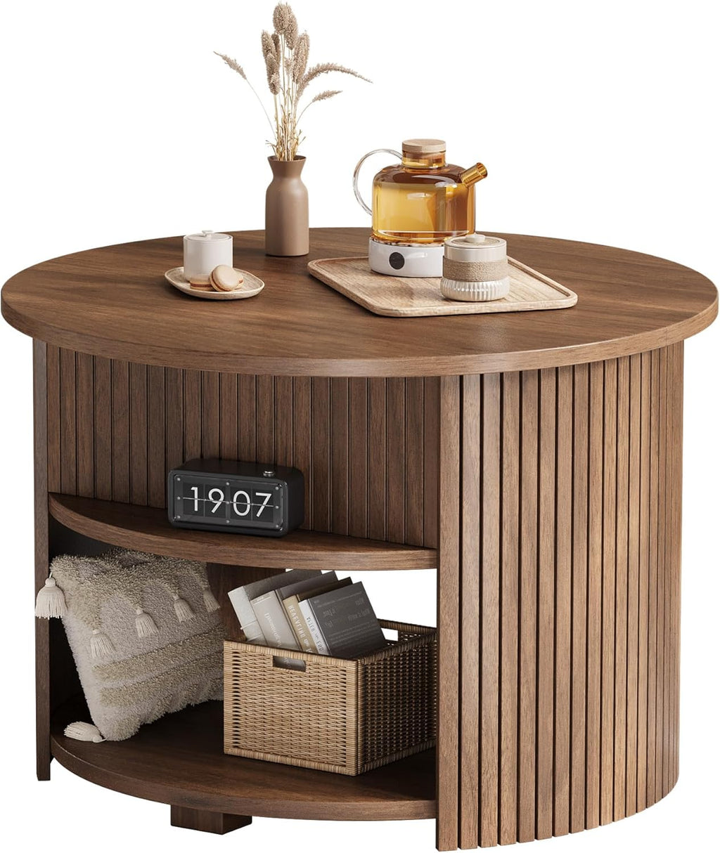 Decofy Round Lift Top Coffee Table with Storage, Fluted Mid-Century Modern Coffee Tables for Living Room, with Hidden Compartment & Open Shelves, for Small Spaces & Home Office(26.77" Walnut)