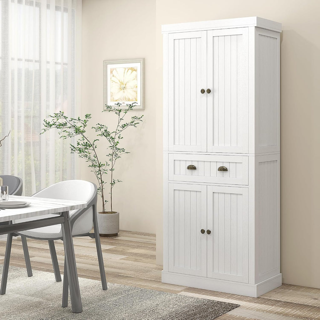 72" Farmhouse Kitchen Pantry Cabinet, Freestanding Tall Storage Cabinet with 4 Soft-Close Doors, 2 Adjustable Shelves and Drawer for Dining Room, Distressed White,15.8 * 30 * 72