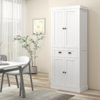 72" Farmhouse Kitchen Pantry Cabinet, Freestanding Tall Storage Cabinet with 4 Soft-Close Doors, 2 Adjustable Shelves and Drawer for Dining Room, Distressed White,15.8 * 30 * 72