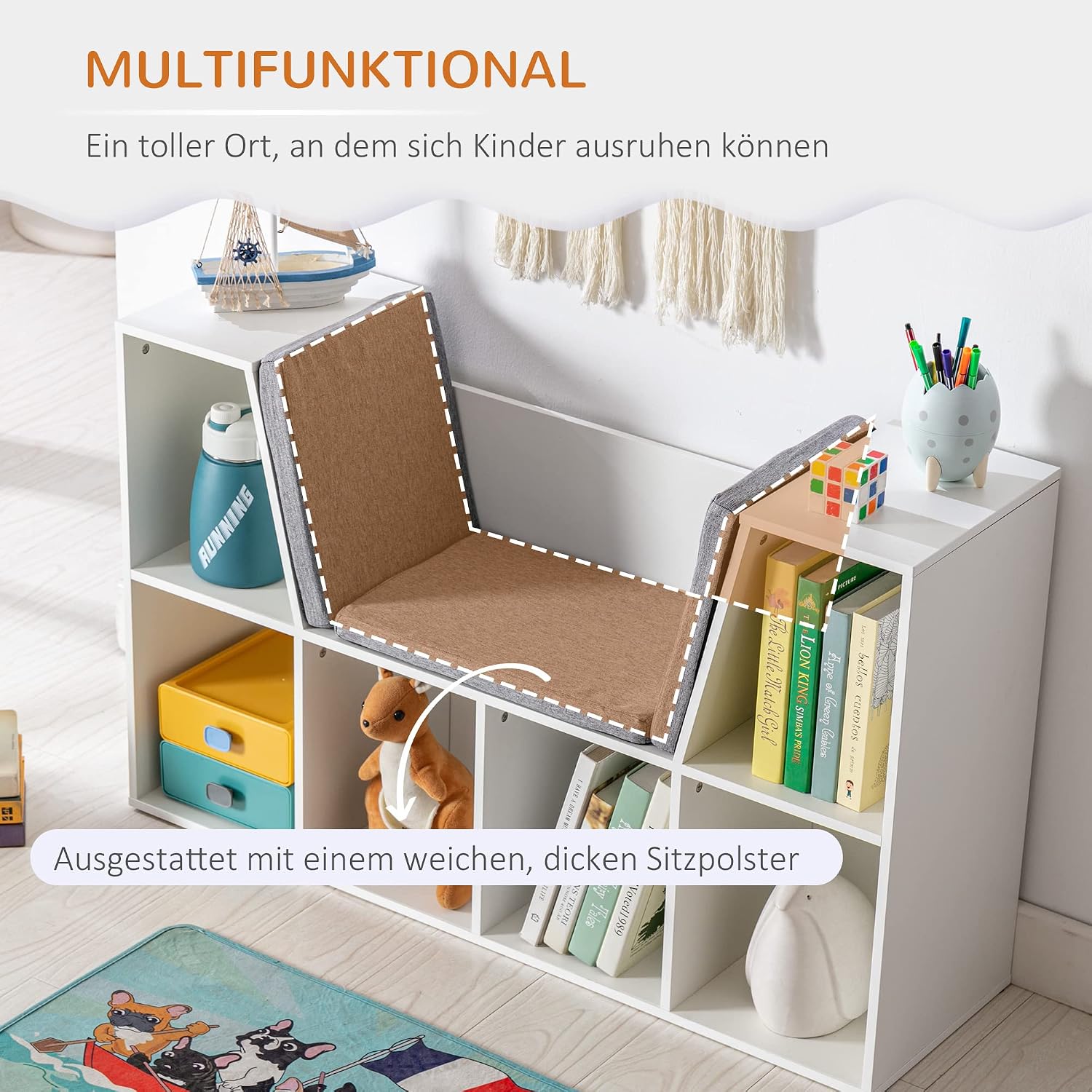 6 Cubby Bookcase with Reading Nook and Cushion, Multi Purpose Storage Organizer for Bedroom, Living Room, Pure White