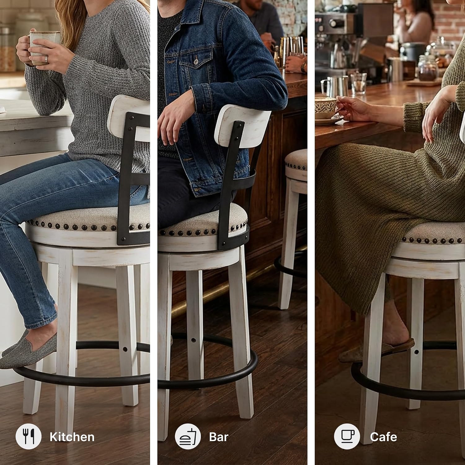 Signature Design by Ashley Valebeck Barstool, Rustic-Industrial Counter Height Chair, 360° Swivel, Wood & Metal Frame, Cushioned Seat, Ideal for Kitchen Island with Seating, Vintage White