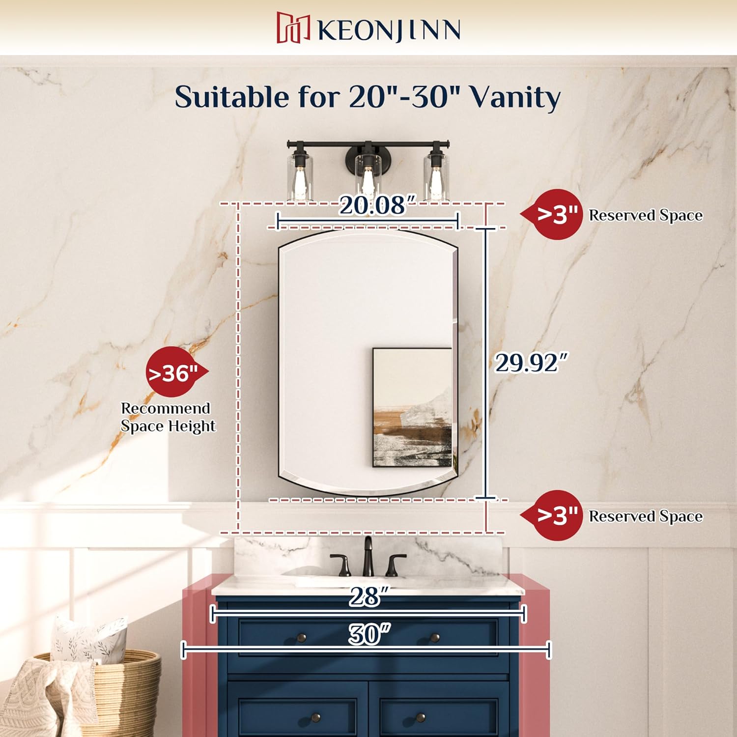 Keonjinn Black Medicine Cabinet with Mirror 20” x 30”, Metal Framed Wall Cabinet with Beveled Mirror, Surface Mount or Recessed Arched Medicine Cabinet for Bathroom,Bathroom Mirror with Storage