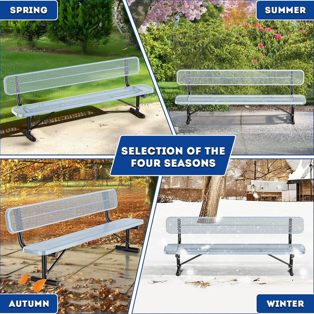 Heavy-Duty Park Bench for Outside - Black Coated Outdoor Furniture Steel Bench, Commercial-Grade Outdoor Benches Weatherproof for Park, Patio, Porch (Portable with Back, 4/6/8 Ft) (Grey, 8FT)
