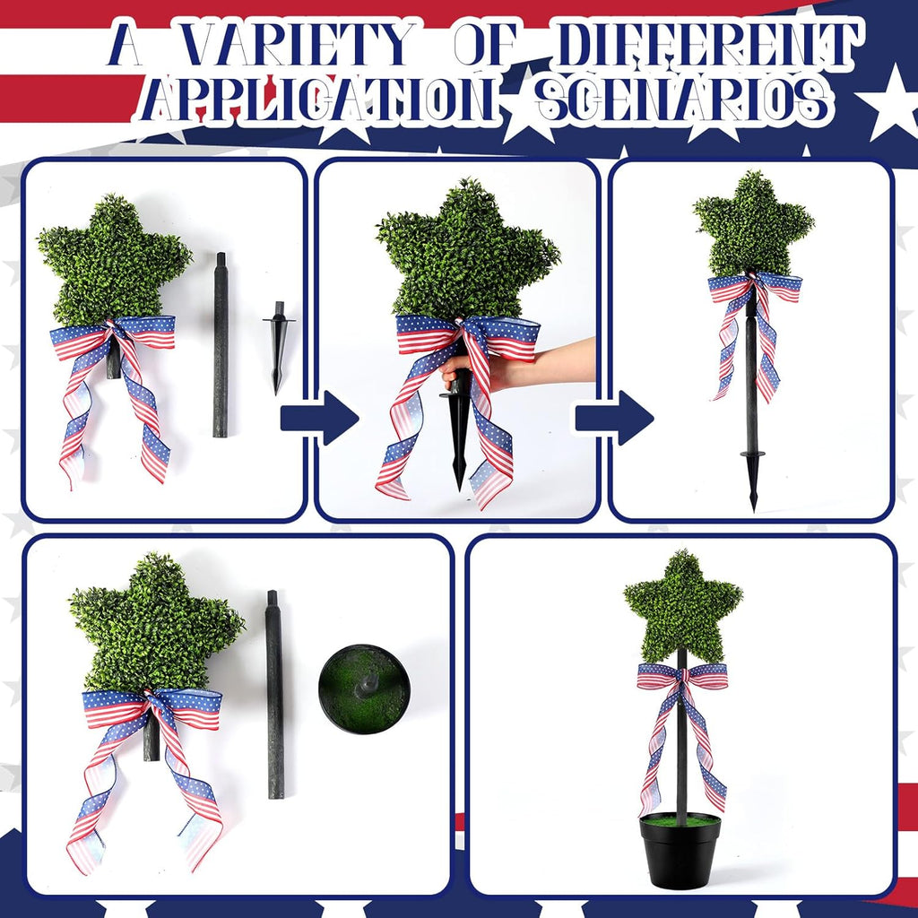 2 Pack Patriotic Star Topiary Tree 21.6"-32.6'' Large Star Shaped Artificial Plant Decor for Indoor and Outdoor Patriotic 4th of July Memorial Day Garden Porch Yard Decorations