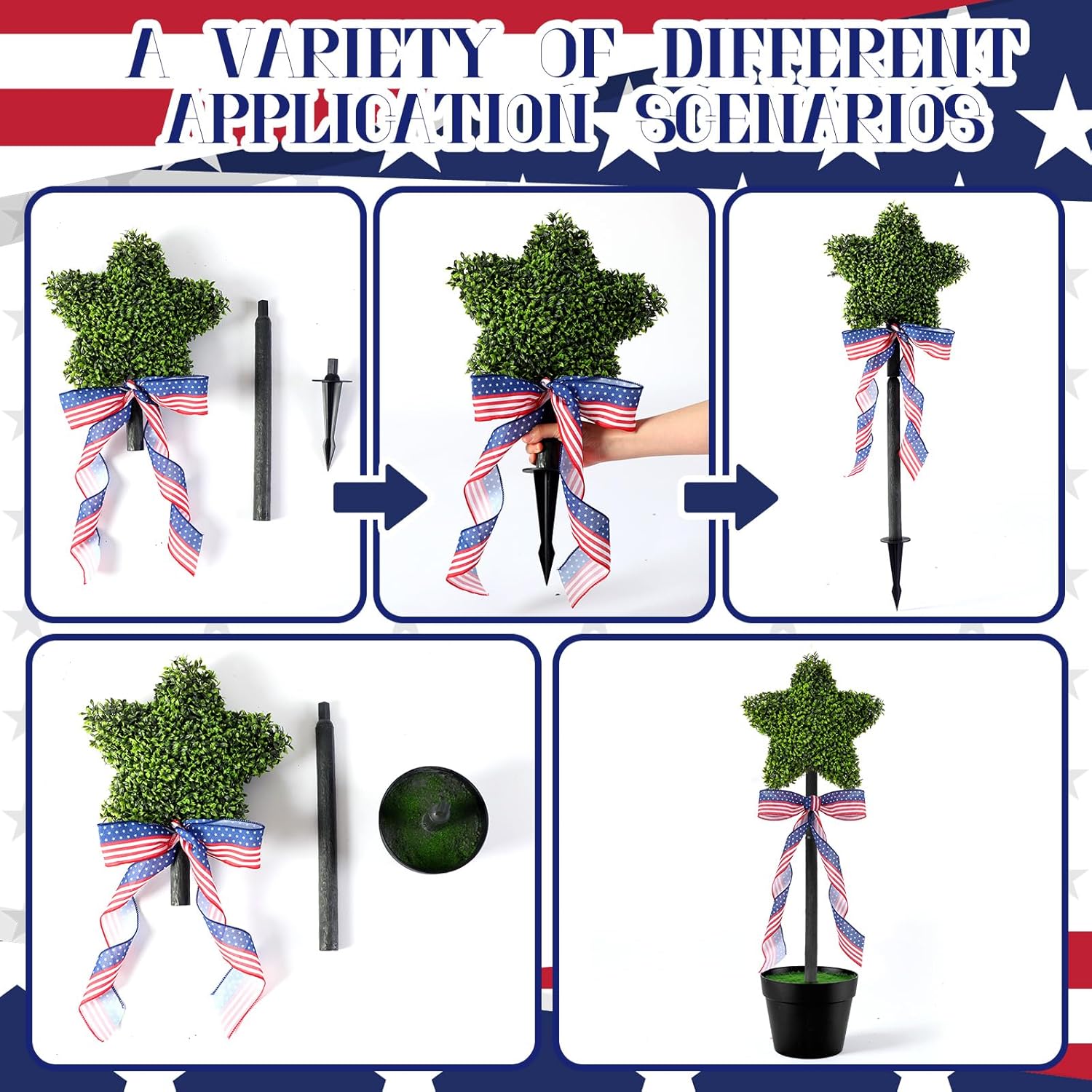 2 Pack Patriotic Star Topiary Tree 21.6"-32.6'' Large Star Shaped Artificial Plant Decor for Indoor and Outdoor Patriotic 4th of July Memorial Day Garden Porch Yard Decorations