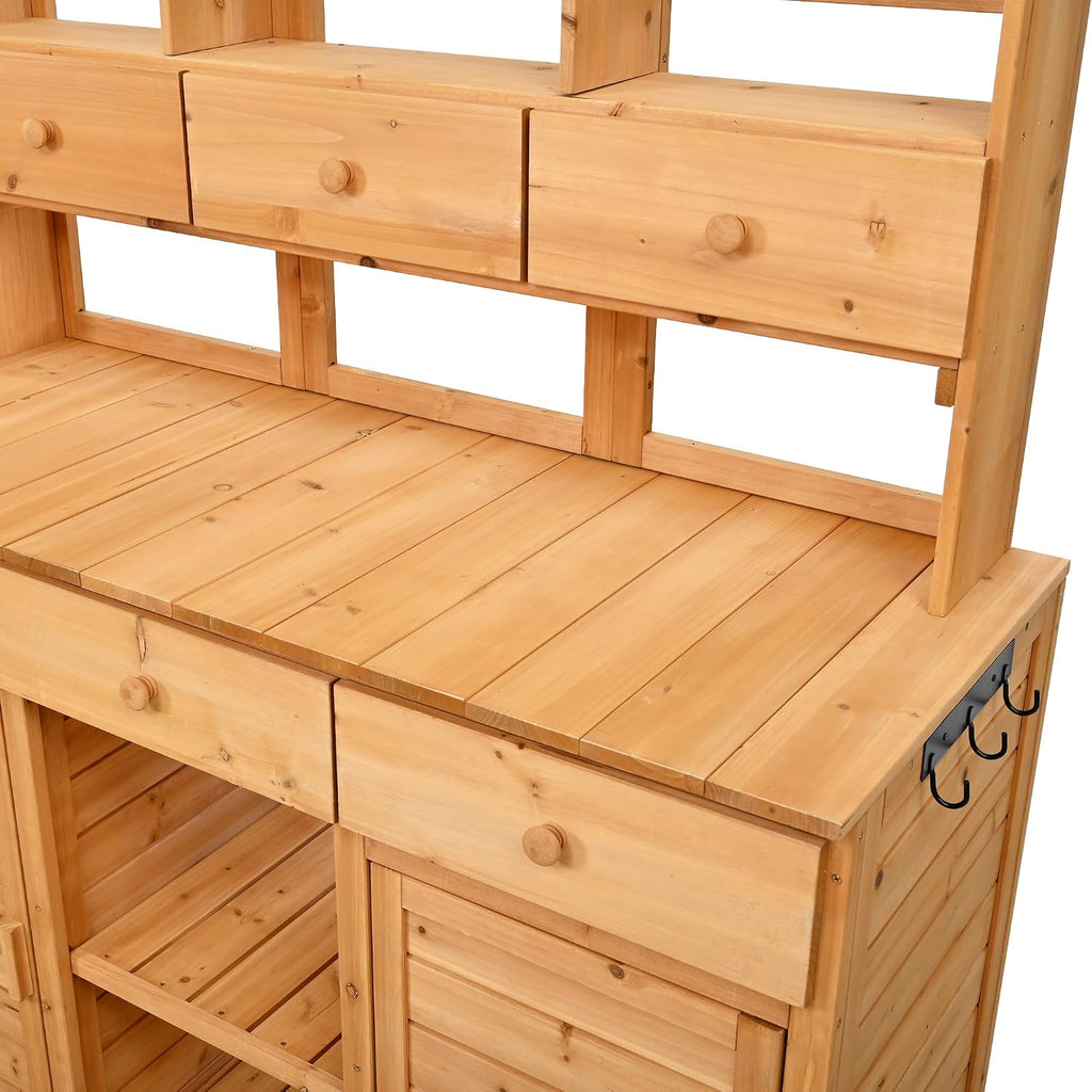 LUMISOL Garden Potting Bench Table with Hutch, Solid Fir Wood Patio Storage Workstation with 3 Shelves, 6 Drawers, 2 Bottom Cabinet and Side Hooks for Mudroom, Doorway, Natural