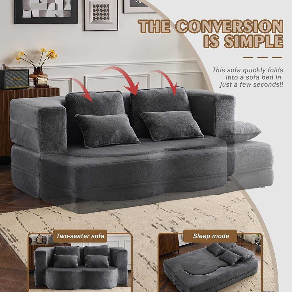 78" Plush Fabric Folding Floor Sofa Couch Bed,Convertible Folding Sofa Bed, Full Size Love Seat Sleeper Bed with 4 Pillows for Living Room Apartment Office (Plush Fabric+Gray)