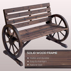 Wooden Bench, 41 Inch Wagon Wheel Patio Garden Loveseat, Rustic Outdoor 2-Person Slatted Seat Bench with Backrest for Porch Deck Backyard Lawn, Carbonized