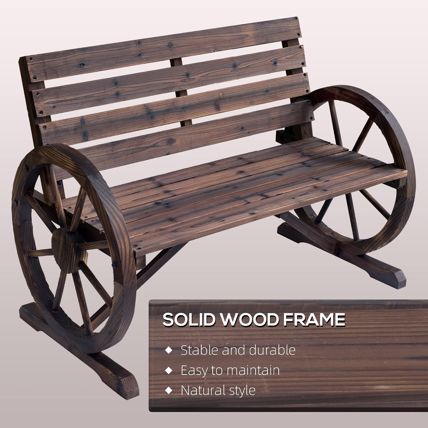 Wooden Bench, 41 Inch Wagon Wheel Patio Garden Loveseat, Rustic Outdoor 2-Person Slatted Seat Bench with Backrest for Porch Deck Backyard Lawn, Carbonized