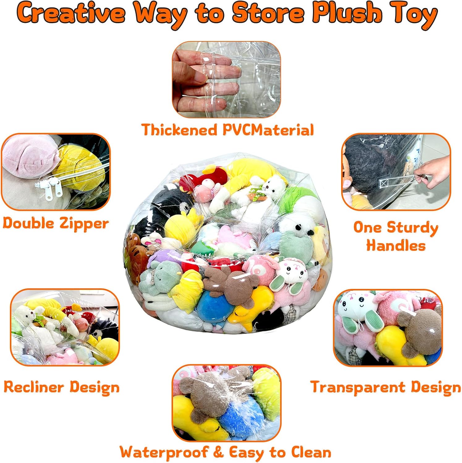 Clear Stuffed Animal Storage Bean Bag Chair Cover for Kids with Zipper | Transparent Waterparoof Wipe Clean Thicker PVC, Holds 100+ Stuffed Animals, Double Zipper for Plush Toys Storage & Organizing