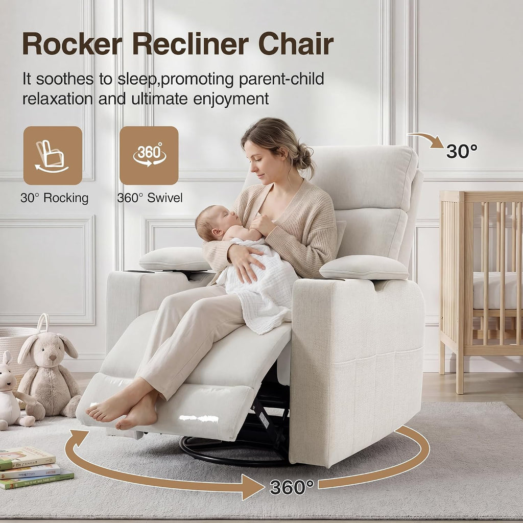 FiveWillowise 360° Rocker Recliner Chair with Adjustable Armrest&Headrest | Oversized Manual Nursery Glider with Cup Holder,Swivel Rocking Chairs for Breastfeeding,Living Room,Bedroom,Beige