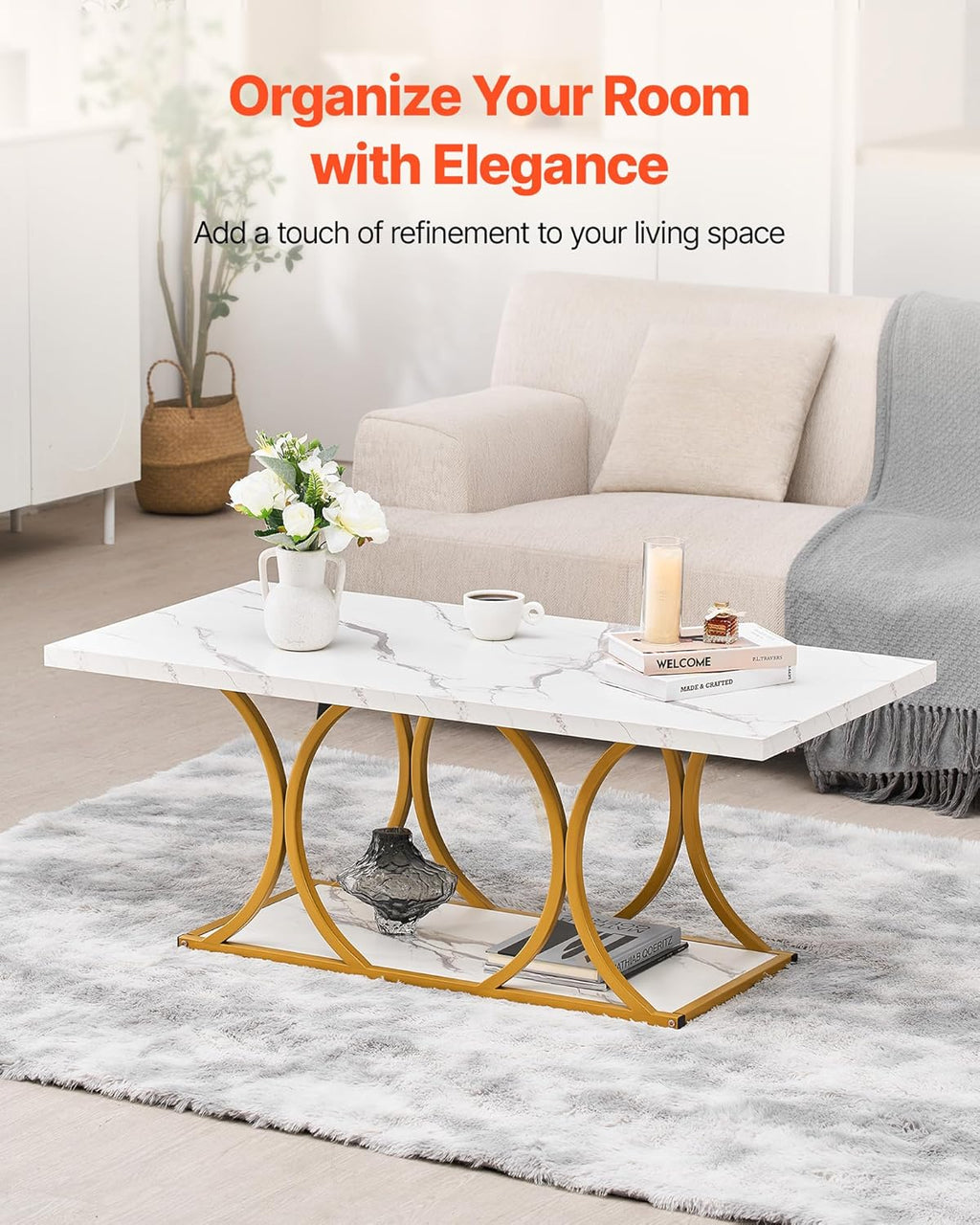 VEVOR Coffee Table, Modern Faux Marble Coffee Table, Large 2-Tier Rectangle Center Desk with Geometric Legs, Minimalist Sturdy Metal Frame Accent End Desk for Living Room, Office, Easy Assembly, White