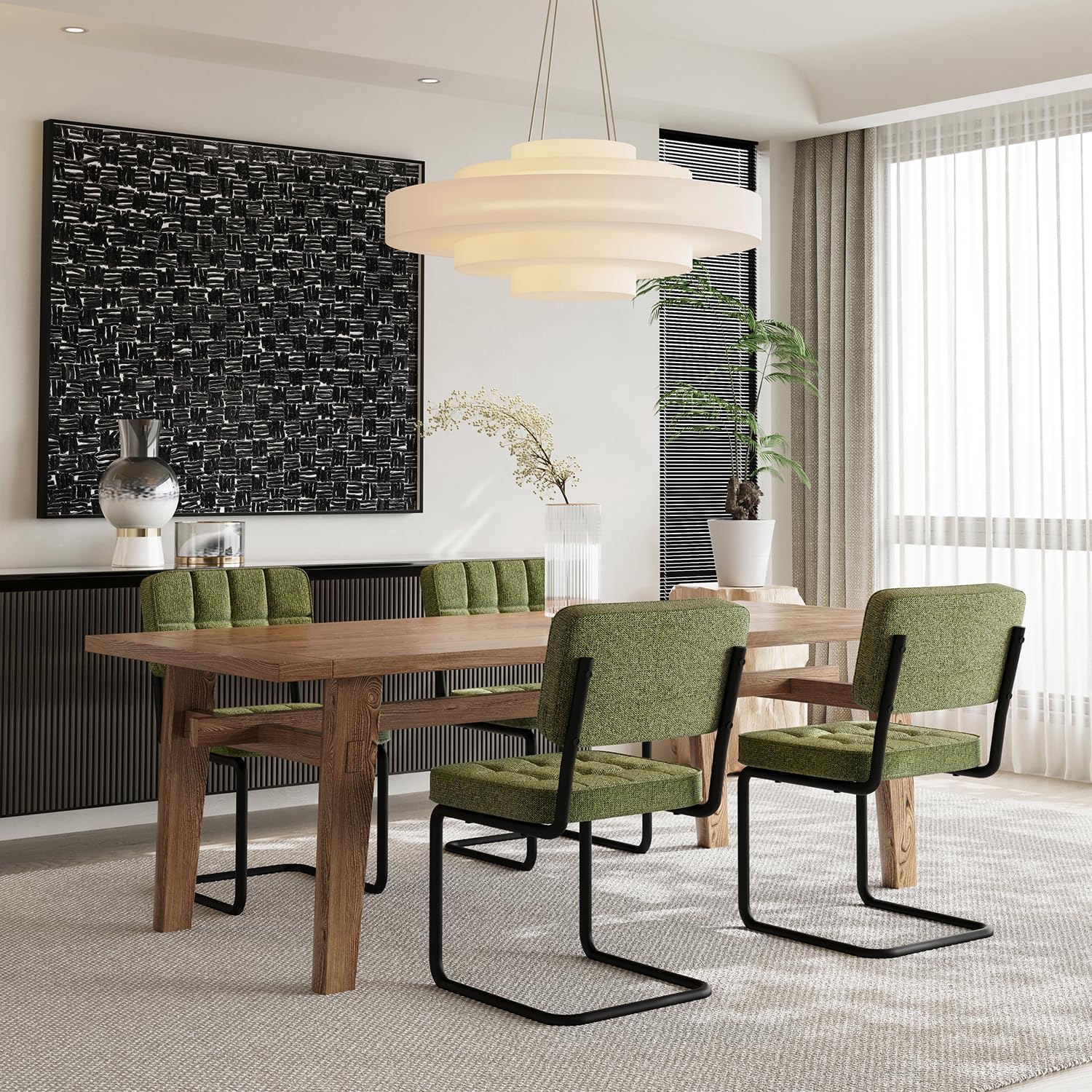 Modern Cantilevered Green Dining Chairs Set of 4, Mid Century Side Dinner Chairs, Armless Backrest, Upholstered Seat, Metal Base, Industrial for Kitchen/Restaurant/Living Room/Cafeteria, Olive