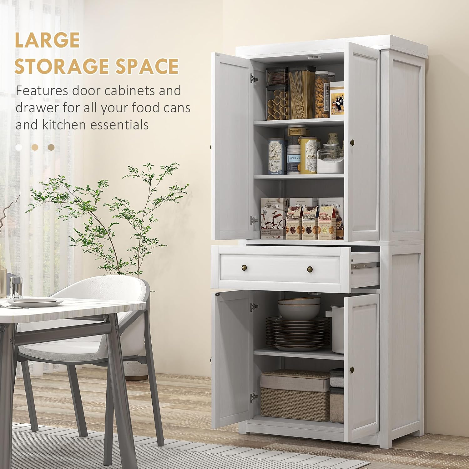 72.5" Tall Farmhouse Kitchen Pantry Storage Cabinet, Freestanding Kitchen Cabinet with 4 Doors, Drawer and Adjustable Shelves for Dining Room, Distressed White,16 * 30 * 72.5