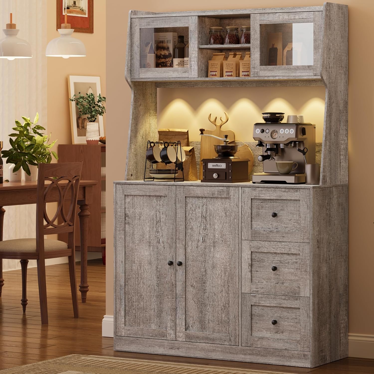 67'' Tall Kitchen Pantry Cabinet with Microwave Shelf, Sideboard Hutch Storage Cabinet with Doors, Shelves and Drawers, Wooden Coffee Bar, Sideboard Buffet Cabinets with Storage for Office(Grey)