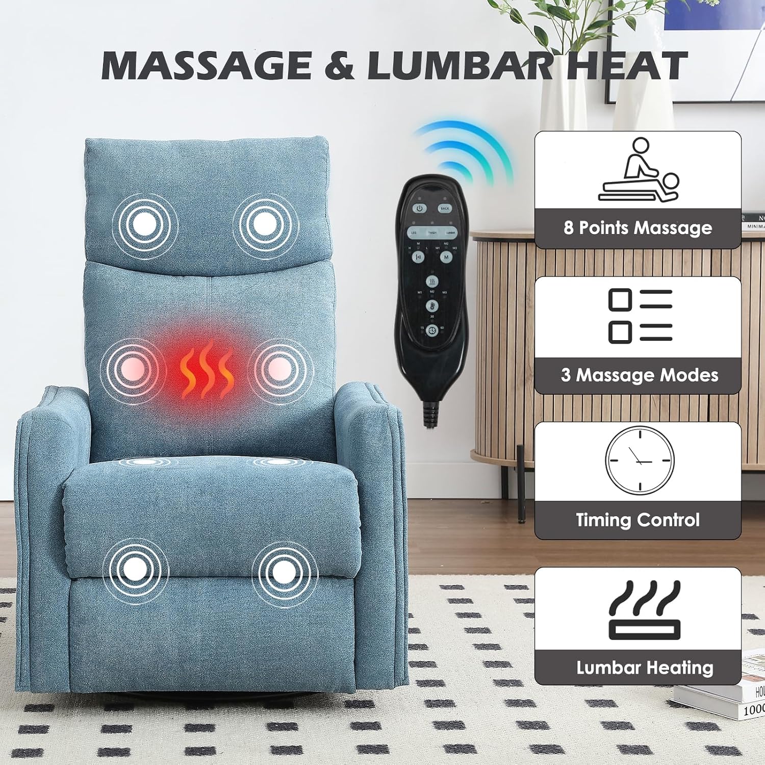 Trustyue Swivel Rocker Recliner Chair, 360° Swivel Recliner with Heat and Massage, Rocker Recliner Nursery Glider Chair with Side Pockets for Living Room (Light Blue, Fabric)