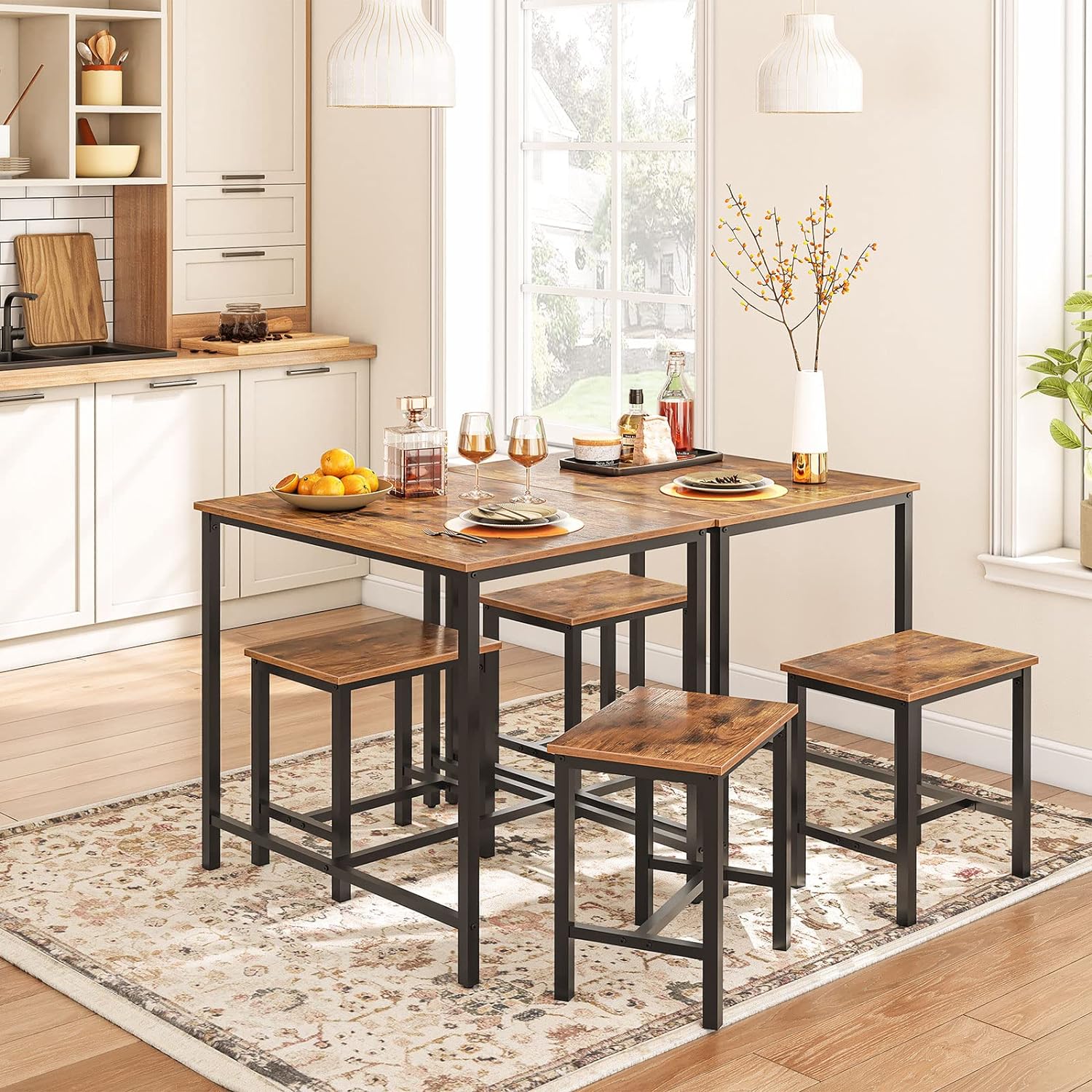HOOBRO 3-Piece Industrial Dining Table Set, Kitchen Table, Space Saving Dinette for Kitchen, Dining Room, Small Space, Breakfast Nook, Living Room, Party, Rustic Brown and Black BF75CZ01G1