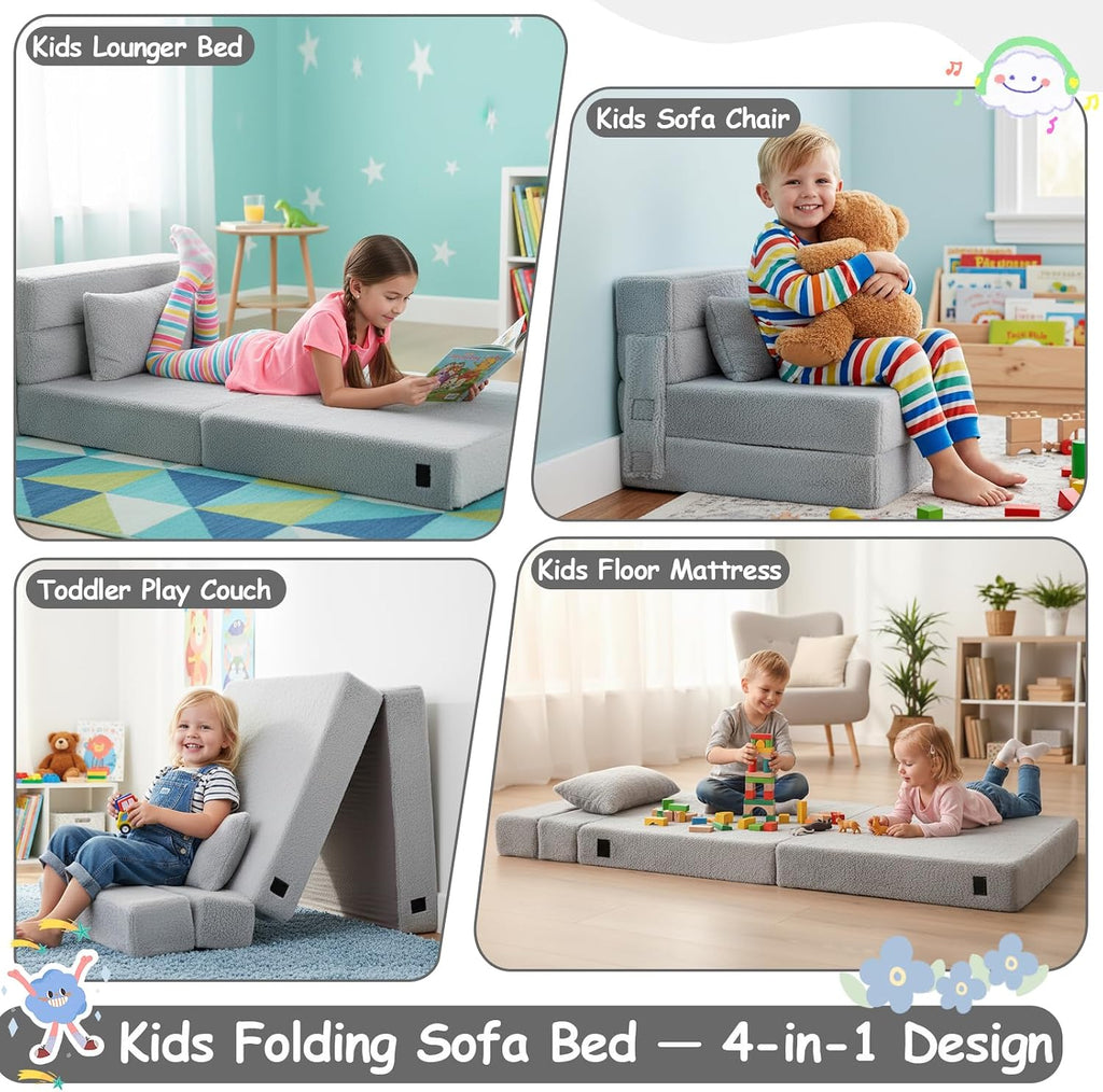 Tiita Kids Floor Mattress for Toddler, Child Fold Up Sofa Couch Convertible Futon Folding Chair with Storage Bag for Kids, Plush Grey