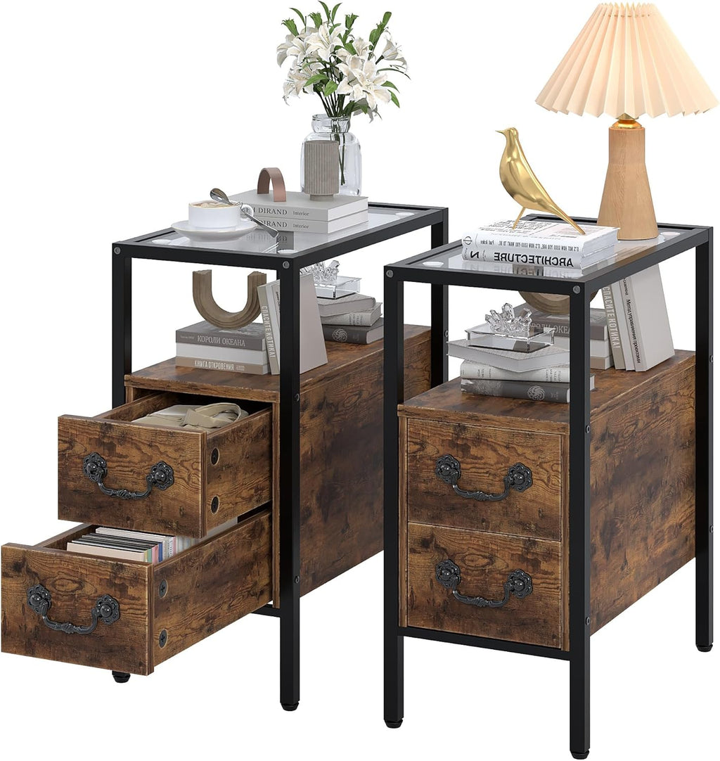 VECELO Narrow Side Table Set of 2, Night Stand Sofa Table with Glass Top,Bedside End Tables with Storage Drawers,Wood Nightstand for Small Spaces Living Room Bedroom,Brown