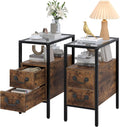 VECELO Narrow Side Table Set of 2, Night Stand Sofa Table with Glass Top,Bedside End Tables with Storage Drawers,Wood Nightstand for Small Spaces Living Room Bedroom,Brown