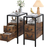 VECELO Narrow Side Table Set of 2, Night Stand Sofa Table with Glass Top,Bedside End Tables with Storage Drawers,Wood Nightstand for Small Spaces Living Room Bedroom,Brown