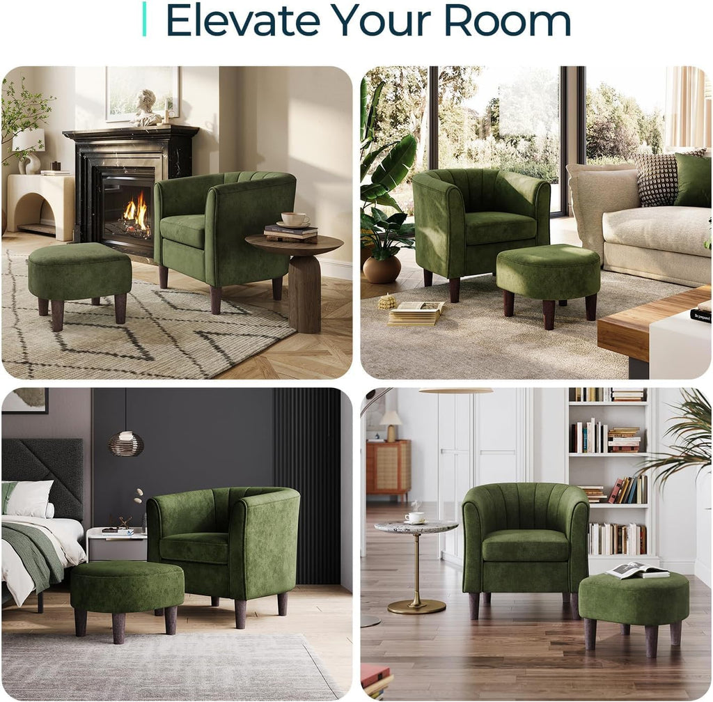 LINSY Accent Chair with Ottoman, Modern Armchair Comfy Barrel Reading Chair with Footrest for Living Room Bedroom Reading Room, Velvet, Olive Green
