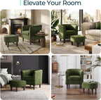 LINSY Accent Chair with Ottoman, Modern Armchair Comfy Barrel Reading Chair with Footrest for Living Room Bedroom Reading Room, Velvet, Olive Green
