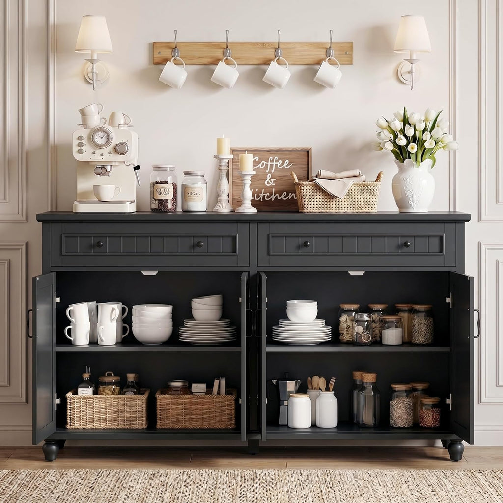 Scurrty Sideboard Buffet Cabinet, 62'' Large Storage Cabinet with Drawers and 4 Doors, Vintage Coffee Bar Cabinets with Adjustable Shelf for Kitchen, Living Room, Black