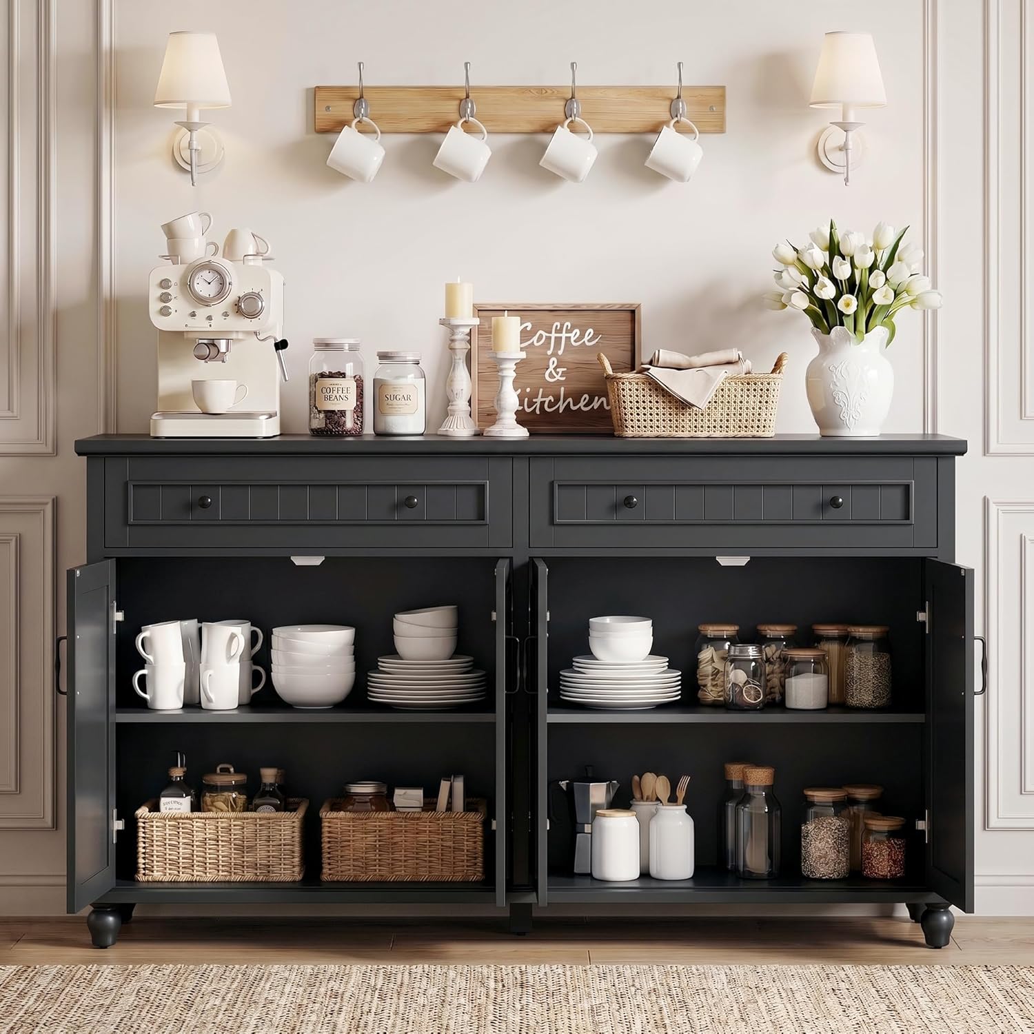 Scurrty Sideboard Buffet Cabinet, 62'' Large Storage Cabinet with Drawers and 4 Doors, Vintage Coffee Bar Cabinets with Adjustable Shelf for Kitchen, Living Room, Black