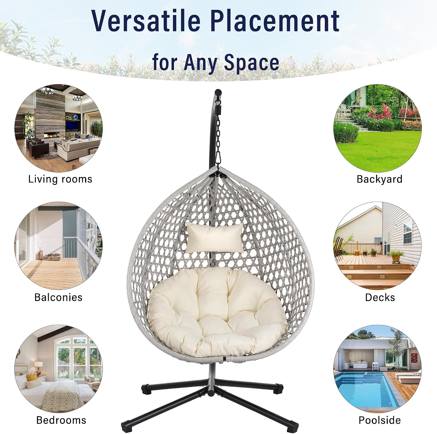 Hanging Egg Chair with Stand – 330 Lbs Capacity Patio Rattan Basket Chair, Garden Swing Hammock with Soft Removable Cushion, Indoor Outdoor for Balcony, Porch, Poolside & Bedroom, Gray+Beige
