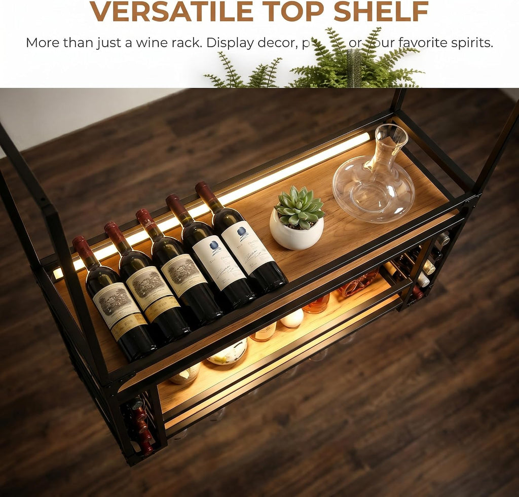 Wall Mounted Wine Rack with LED Light, Hanging Wine Bottle Holder Ceiling, 2-Layer Liquor Bottle and Glass Holder Display Storage,for Home Kitchen Din ing Room Living Room (31.49in/80cm)