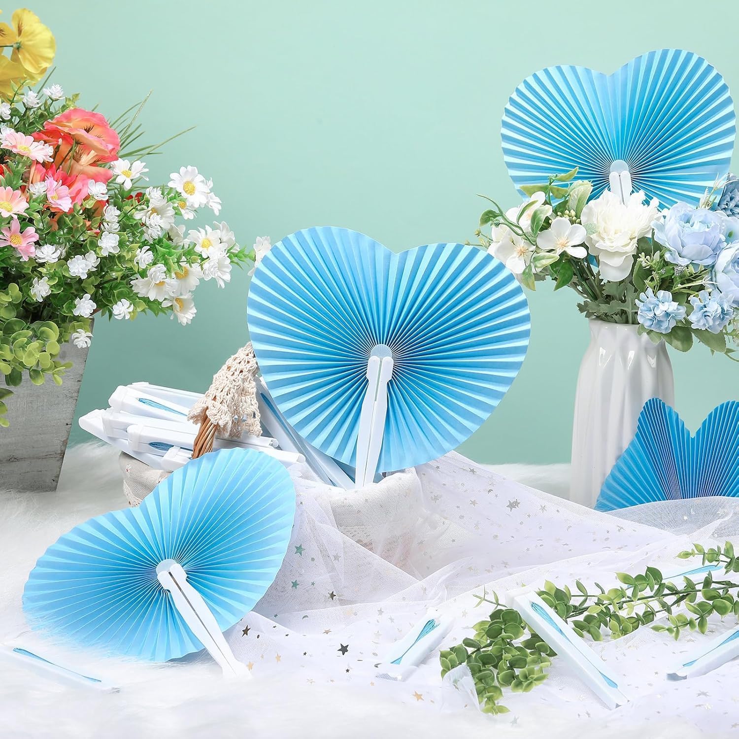 5Pcs Heart-Shaped Paper Fans, Foldable Handheld Fans for Wedding, Bridal Shower, Party Favors & Decorations, Blue/Pink