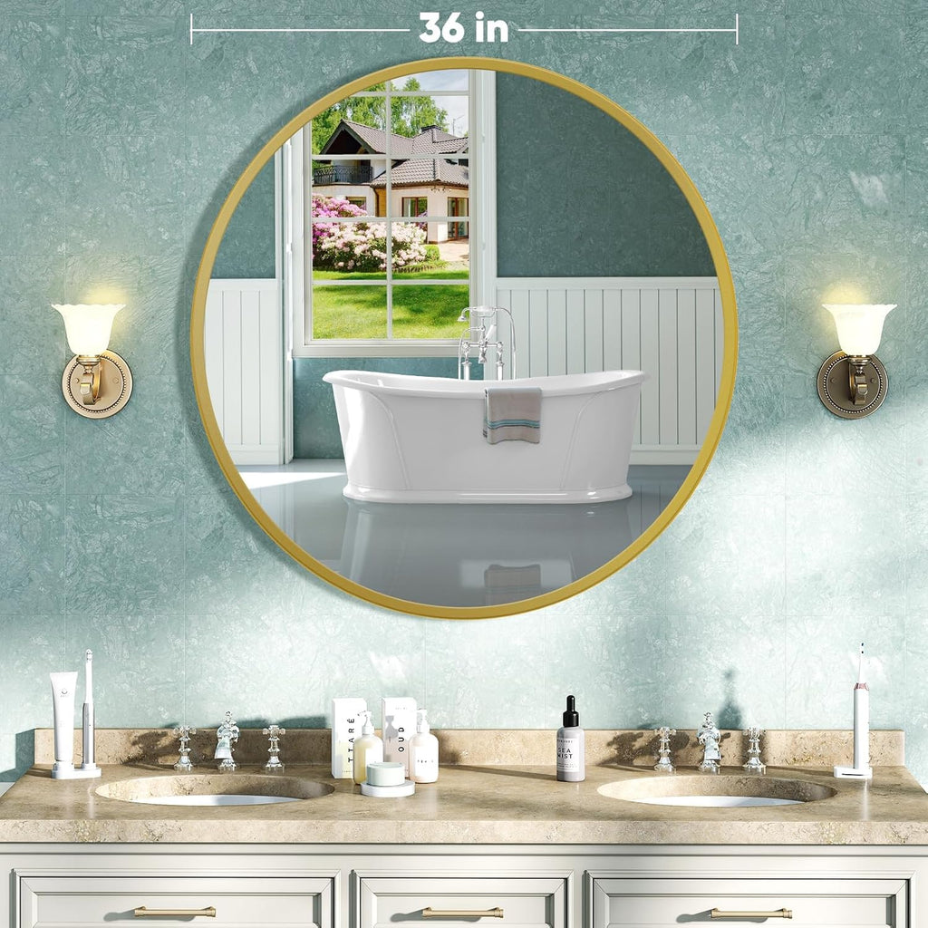 NEWBULIG Round Wall Mirror, 36 Inch Bathroom Mirrors for Over Sink, Wall Vanity Circle Mirror with Matte Metal Framed, Decor for Bathroom, Entryway, Bedroom, Gold