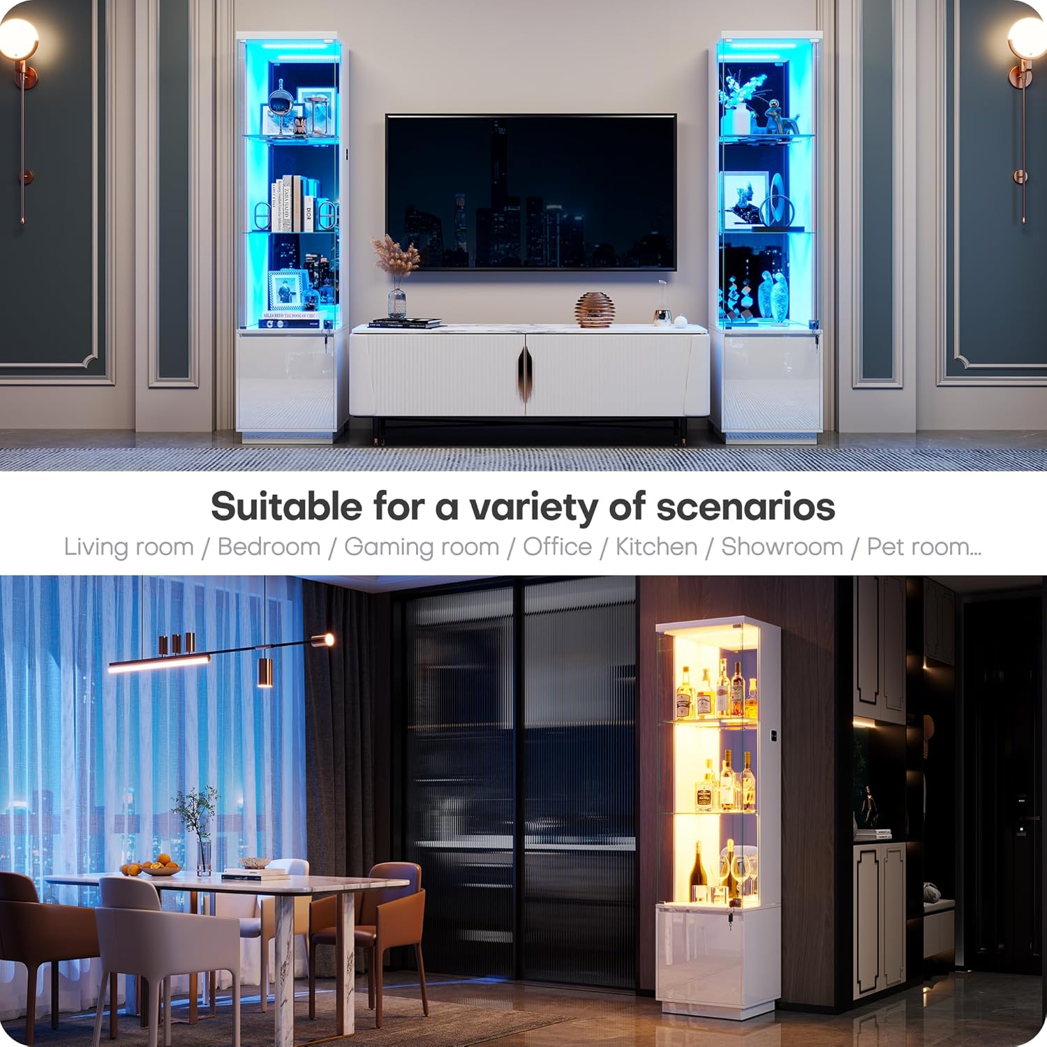 WOOVIVS 64.9" Glass Display Cabinet with Lock & 3-Color LED Lights, Tempered Glass Curio Cabinet with Mirror Back, Tall Display Shelf for Collectibles, Memorabilia (White)