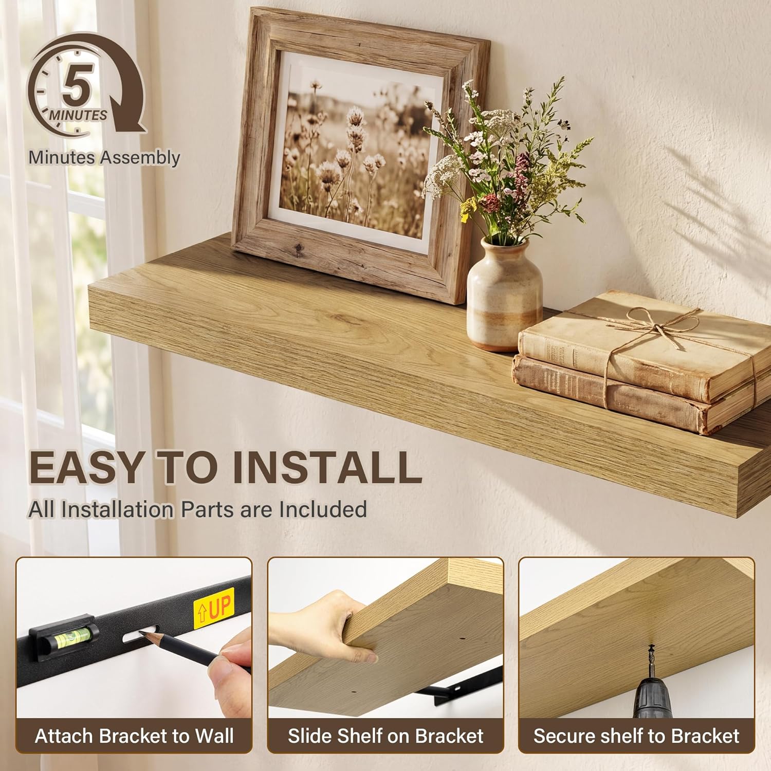 Acovy 30in Long Floating Shelves for Wall Set of 2, Wood Wall Shelves for Bathroom Bedroom Kitchen Living Room Laundry Room, Modern Floating Shelf for Home Decor