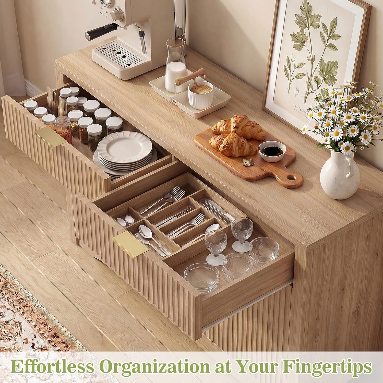 Cyclysio 55" Fluted Buffet Cabinet with Drawers, Modern Sideboard Credenza with Adjustable Shelves, Coffee Bar Table with Storage for Dining Room, Entryway, Kitchen, Natural Oak